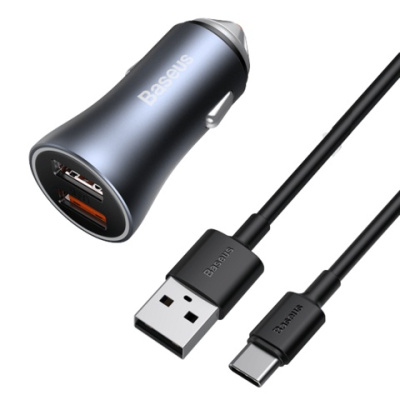 Car Adapter Baseus 40W Golden 2USB+Kabel TYPE-C Gray